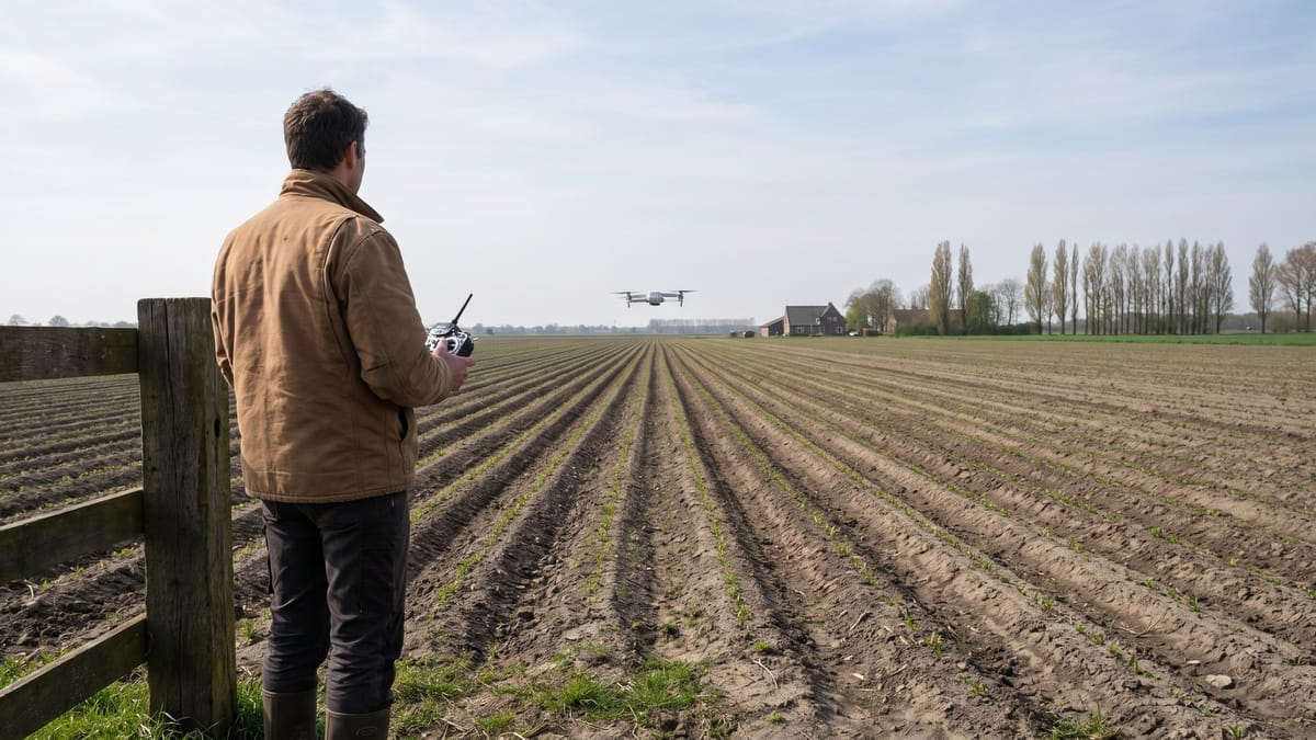Agricoltore di spalle osserva un drone che sorvola in linea retta i filari di un campo