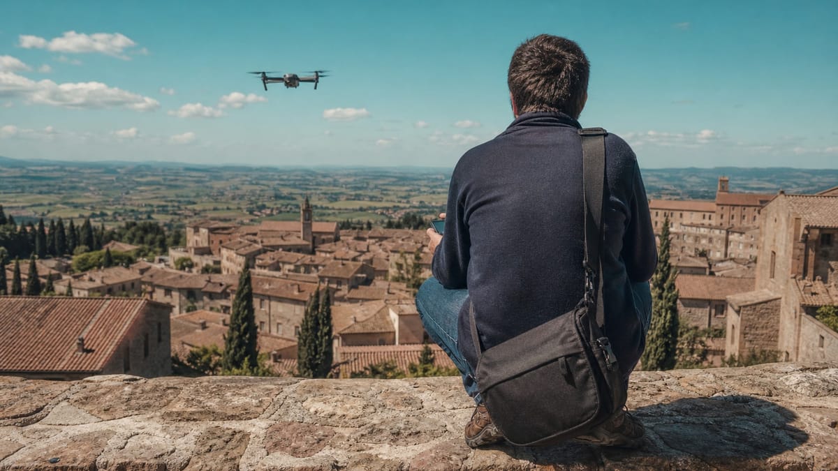 Fotografo di spalle su un muretto pilota un drone sopra i tetti di un borgo