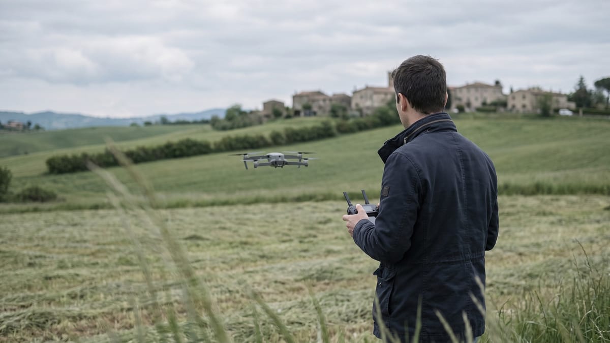 Persona di spalle con radiocomando in mano davanti a un piccolo drone in volo su un prato