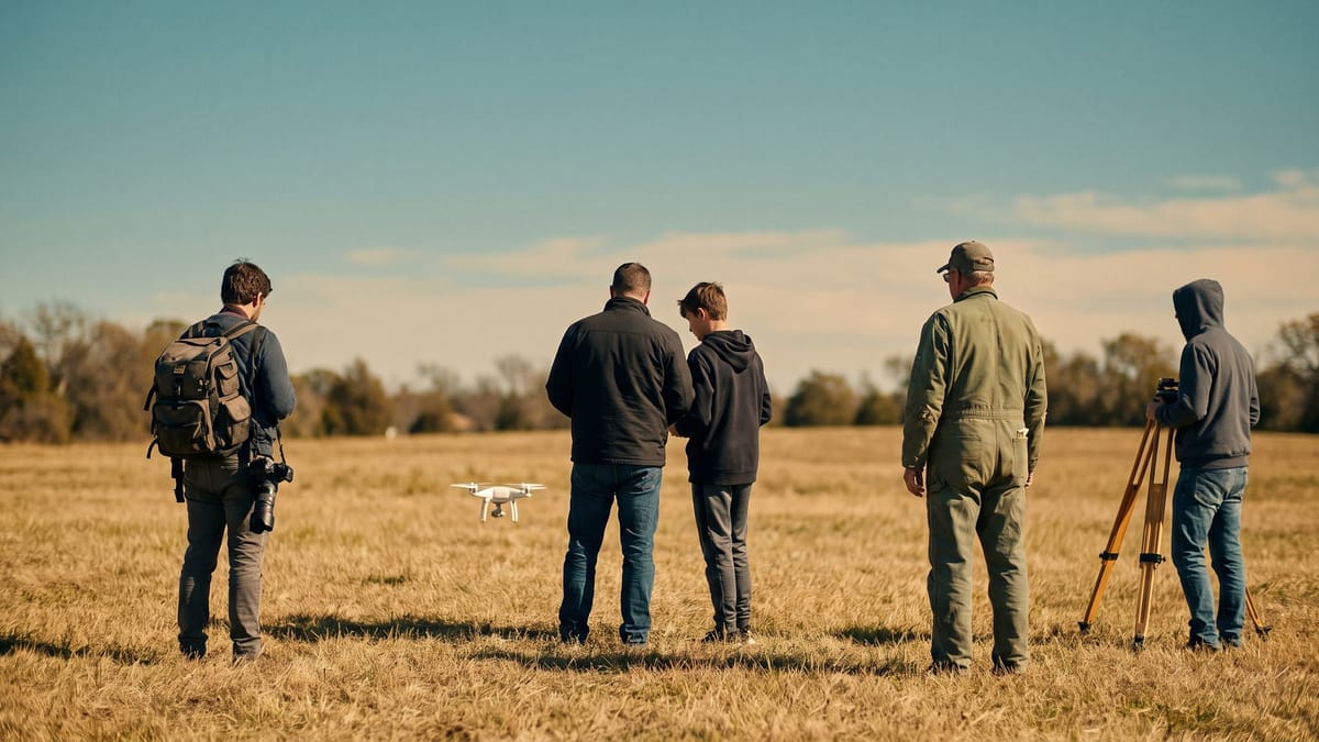 Quattro persone di spalle in un campo aperto guardano un piccolo drone in volo basso