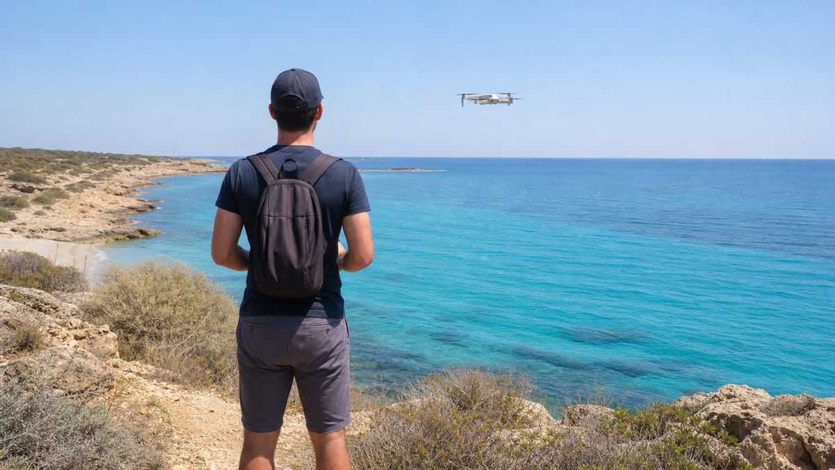 Viaggiatore di spalle su un sentiero costiero pilota un drone sopra il mare